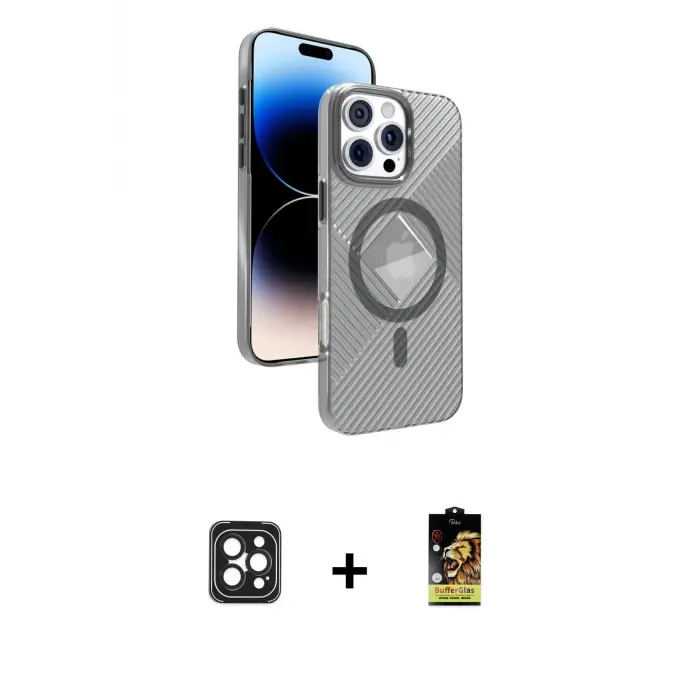 ieg™ iPhone 16 Pro Max Kılıf Nova Modern Prime - Siyah Buffer Cam Ekran Koruyucu + PVD Metal Kamera Lens - SH