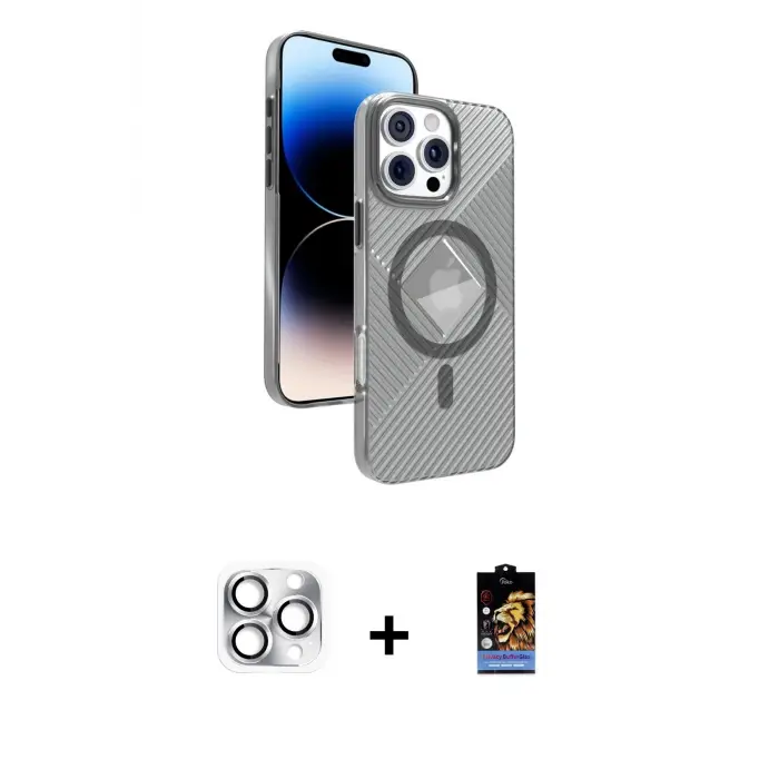 ieg™ iPhone 16 Pro Max Kılıf Nova Modern Prime - Siyah Buffer Hayalet Cam Ekran Koruyucu + Pers Alüminyum Kamera Lens - GS