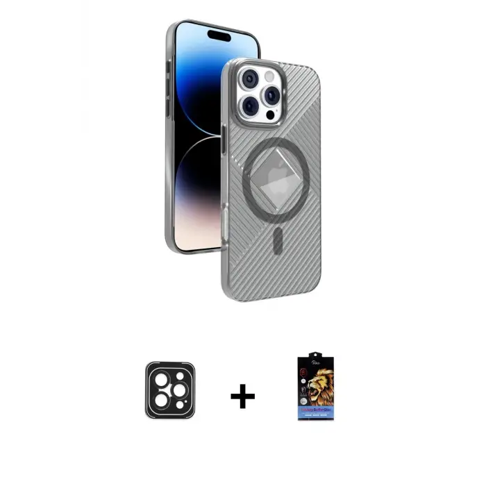 ieg™ iPhone 16 Pro Max Kılıf Nova Modern Prime - Siyah Buffer Hayalet Cam Ekran Koruyucu + PVD Metal Kamera Lens - SH
