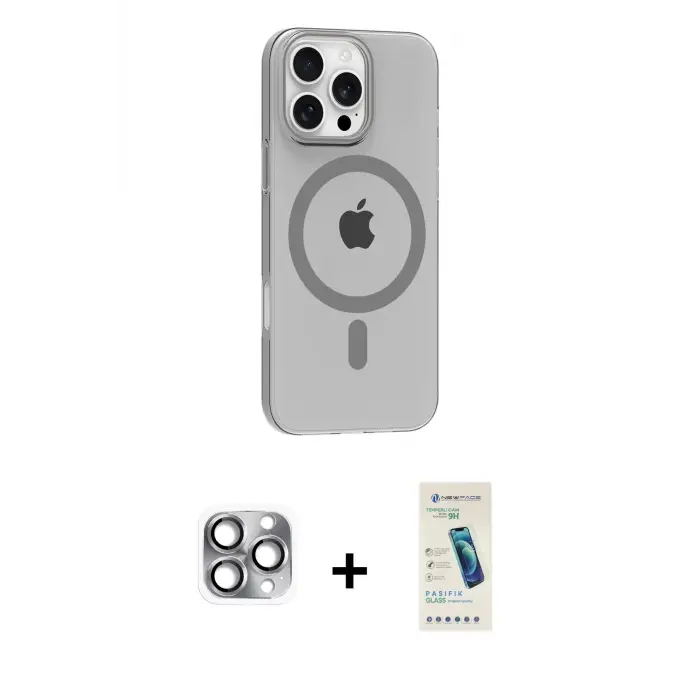 ieg™ iPhone 16 Pro Max Kılıf Pusula Form Özel Seri - Şeffaf Pasifik Cam Ekran Koruyucu + Pers Alüminyum Kamera Lens - GI