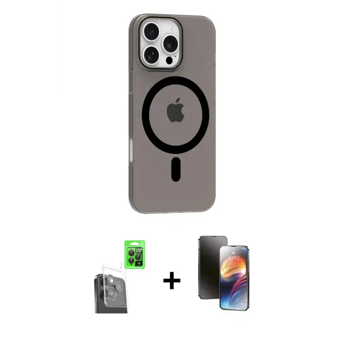 ieg™ iPhone 16 Pro Max Kılıf Pusula Form Özel Seri - Siyah 3D Antistatik Mat Seramik Nano Ekran Koruyucu + Raze Metal Kamera Lens - SH