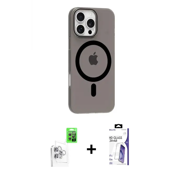 ieg™ iPhone 16 Pro Max Kılıf Pusula Form Özel Seri - Siyah Bilvis 3X AR HD Cam Ekran Koruyucu + Raze Metal Kamera Lens - BZ