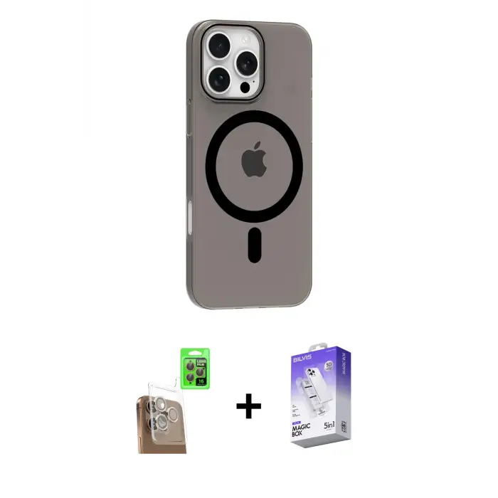 ieg™ iPhone 16 Pro Max Kılıf Pusula Form Özel Seri - Siyah Bilvis 5in1 3D Magic Cam Ekran Koruyucu + Raze Metal Kamera Lens - CLTM