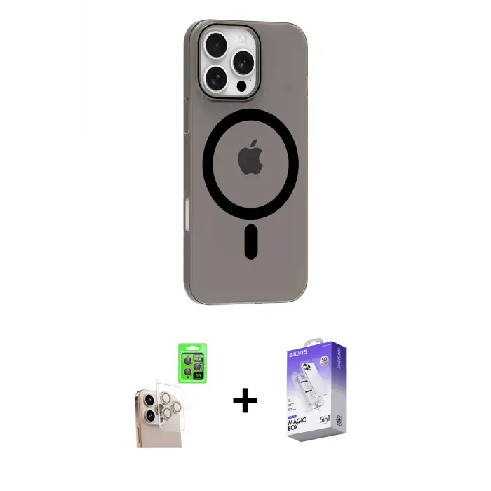 ieg™ iPhone 16 Pro Max Kılıf Pusula Form Özel Seri - Siyah Bilvis 5in1 3D Magic Cam Ekran Koruyucu + Raze Metal Kamera Lens - NLGY
