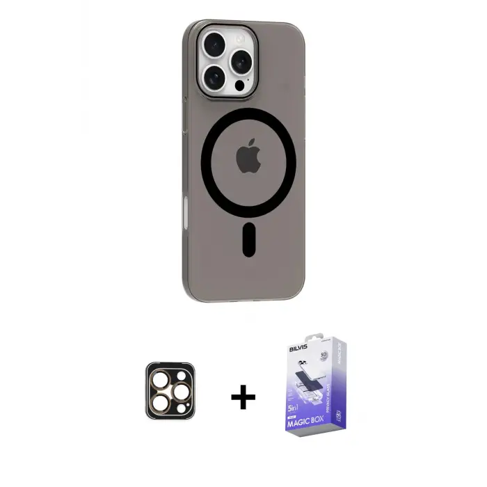 ieg™ iPhone 16 Pro Max Kılıf Pusula Form Özel Seri - Siyah Bilvis 5in1 5D Magic Hayalet Cam Ekran Koruyucu + PVD Metal Kamera Lens - GD