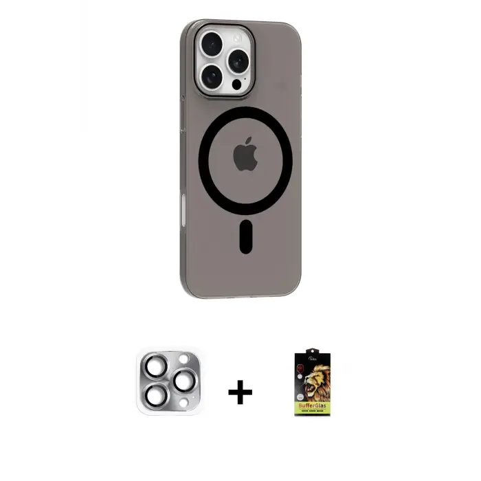ieg™ iPhone 16 Pro Max Kılıf Pusula Form Özel Seri - Siyah Buffer Cam Ekran Koruyucu + Pers Alüminyum Kamera Lens - GI