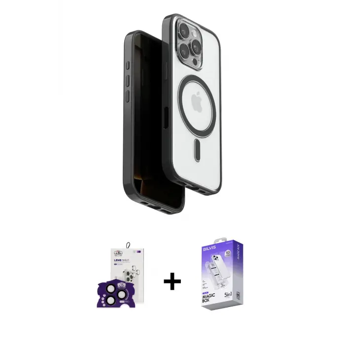 ieg™ iPhone 16 Pro Max Kılıf Pusula Form Serisi - Siyah Bilvis 5in1 3D Magic Cam Ekran Koruyucu + Bilvis Titan Kamera Lens - SH