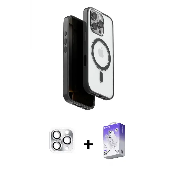 ieg™ iPhone 16 Pro Max Kılıf Pusula Form Serisi - Siyah Bilvis 5in1 3D Magic Cam Ekran Koruyucu + Pers Alüminyum Kamera Lens - GS