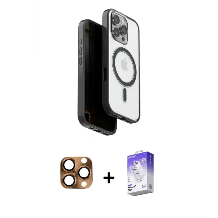 ieg™ iPhone 16 Pro Max Kılıf Pusula Form Serisi - Siyah Bilvis 5in1 3D Magic Cam Ekran Koruyucu + Pers Alüminyum Kamera Lens - CLTM