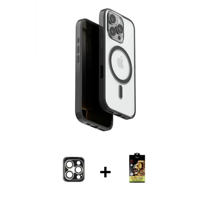 ieg™ iPhone 16 Pro Max Kılıf Pusula Form Serisi - Siyah Buffer Cam Ekran Koruyucu + PVD Metal Kamera Lens - GS
