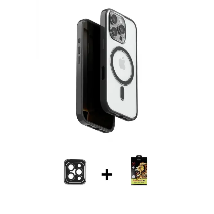 ieg™ iPhone 16 Pro Max Kılıf Pusula Form Serisi - Siyah Buffer Cam Ekran Koruyucu + PVD Metal Kamera Lens - SH