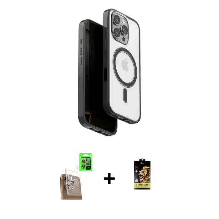 ieg™ iPhone 16 Pro Max Kılıf Pusula Form Serisi - Siyah Buffer Cam Ekran Koruyucu + Raze Metal Kamera Lens - CLTM