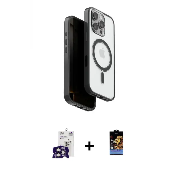 ieg™ iPhone 16 Pro Max Kılıf Pusula Form Serisi - Siyah Buffer Hayalet Cam Ekran Koruyucu + Bilvis Titan Kamera Lens - TMGI