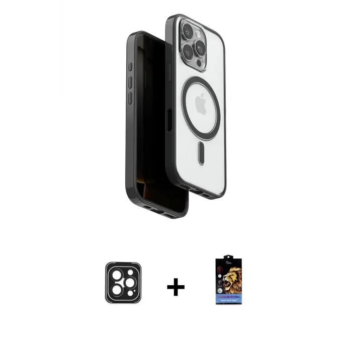 ieg™ iPhone 16 Pro Max Kılıf Pusula Form Serisi - Siyah Buffer Hayalet Cam Ekran Koruyucu + PVD Metal Kamera Lens - SH