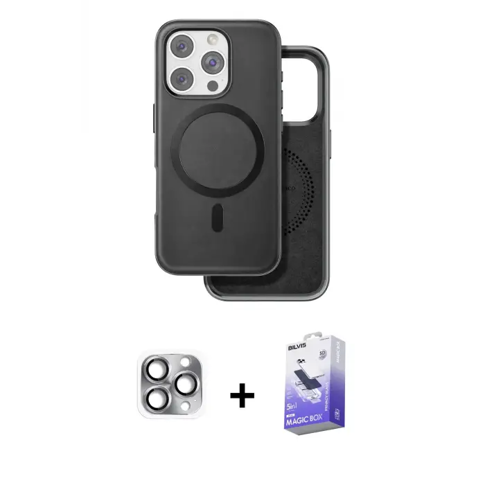ieg™ iPhone 16 Pro Max Kılıf Pusula Işık Koleksiyonu - Siyah Bilvis 5in1 5D Magic Hayalet Cam Ekran Koruyucu + Pers Alüminyum Kamera Lens - GI