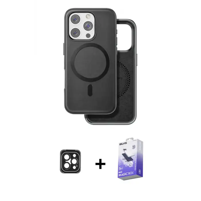 ieg™ iPhone 16 Pro Max Kılıf Pusula Işık Koleksiyonu - Siyah Bilvis 5in1 5D Magic Hayalet Cam Ekran Koruyucu + PVD Metal Kamera Lens - SH