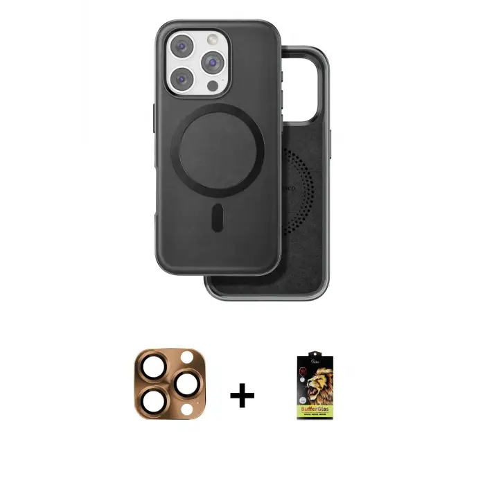 ieg™ iPhone 16 Pro Max Kılıf Pusula Işık Koleksiyonu - Siyah Buffer Cam Ekran Koruyucu + Pers Alüminyum Kamera Lens - CLTM