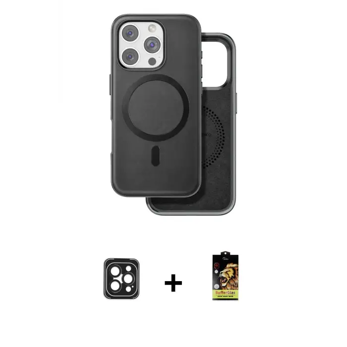 ieg™ iPhone 16 Pro Max Kılıf Pusula Işık Koleksiyonu - Siyah Buffer Cam Ekran Koruyucu + PVD Metal Kamera Lens - SH