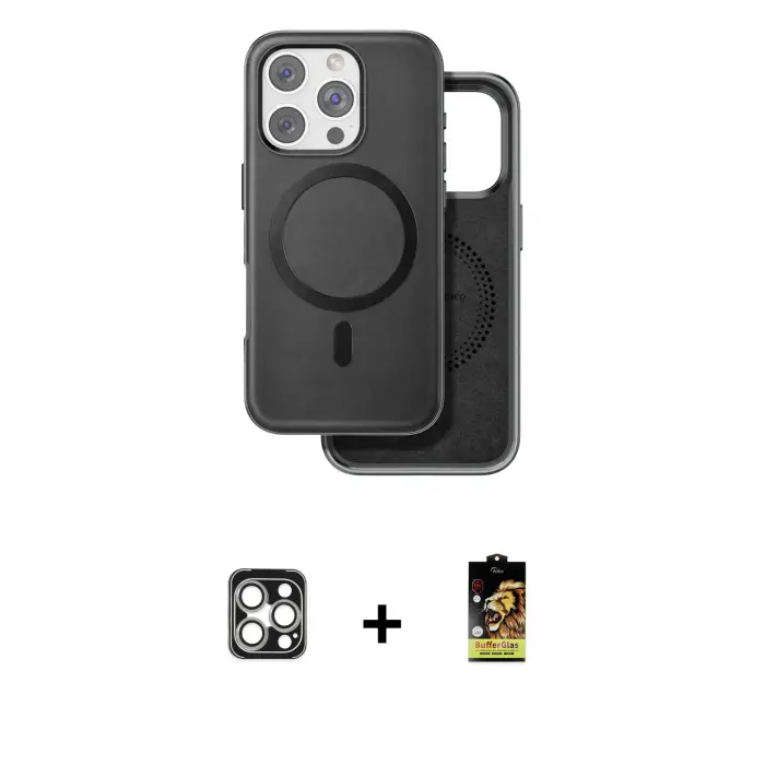 ieg™ iPhone 16 Pro Max Kılıf Pusula Işık Koleksiyonu - Siyah Buffer Cam Ekran Koruyucu + PVD Metal Kamera Lens - GS