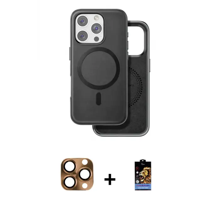 ieg™ iPhone 16 Pro Max Kılıf Pusula Işık Koleksiyonu - Siyah Buffer Hayalet Cam Ekran Koruyucu + Pers Alüminyum Kamera Lens - CLTM