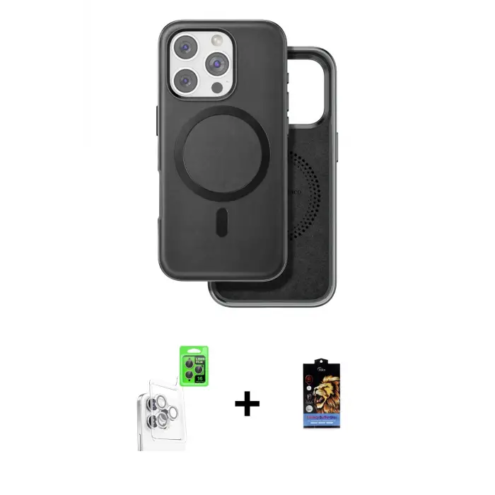 ieg™ iPhone 16 Pro Max Kılıf Pusula Işık Koleksiyonu - Siyah Buffer Hayalet Cam Ekran Koruyucu + Raze Metal Kamera Lens - BZ