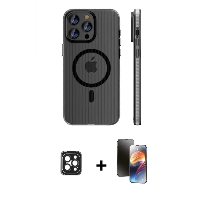 ieg™ iPhone 16 Pro Max Kılıf Pusula Minimal Koleksiyonu - Siyah 3D Antistatik Mat Seramik Nano Ekran Koruyucu + PVD Metal Kamera Lens - SH