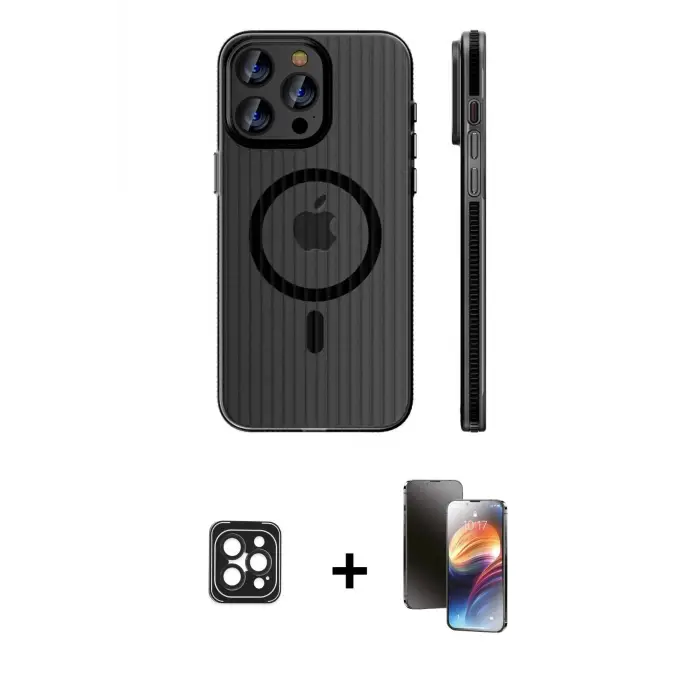 ieg™ iPhone 16 Pro Max Kılıf Pusula Minimal Koleksiyonu - Siyah 3D Antistatik Mat Seramik Nano Ekran Koruyucu + PVD Metal Kamera Lens - SH