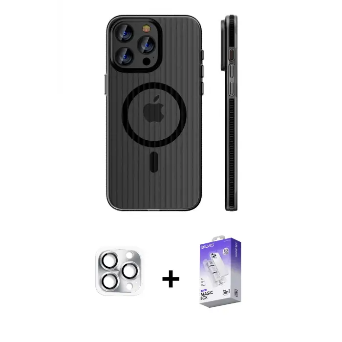 ieg™ iPhone 16 Pro Max Kılıf Pusula Minimal Koleksiyonu - Siyah Bilvis 5in1 3D Magic Cam Ekran Koruyucu + Pers Alüminyum Kamera Lens - GS