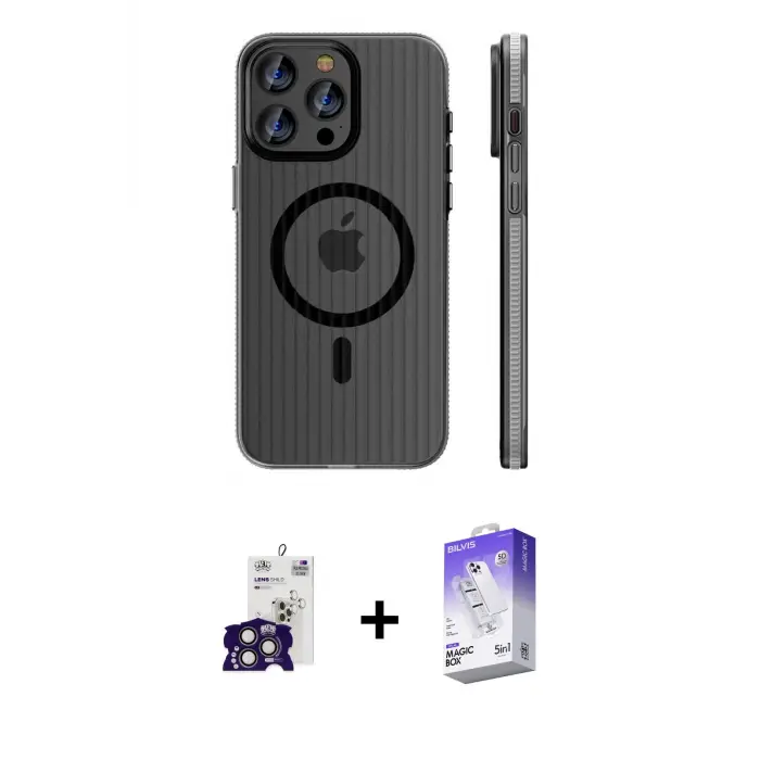 ieg™ iPhone 16 Pro Max Kılıf Pusula Minimal Koleksiyonu - Siyah Bilvis 5in1 3D Magic Cam Ekran Koruyucu + Bilvis Titan Kamera Lens - TMGI
