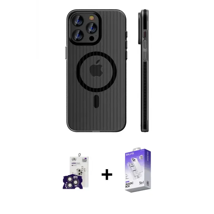 ieg™ iPhone 16 Pro Max Kılıf Pusula Minimal Koleksiyonu - Siyah Bilvis 5in1 3D Magic Cam Ekran Koruyucu + Bilvis Titan Kamera Lens - TMGI
