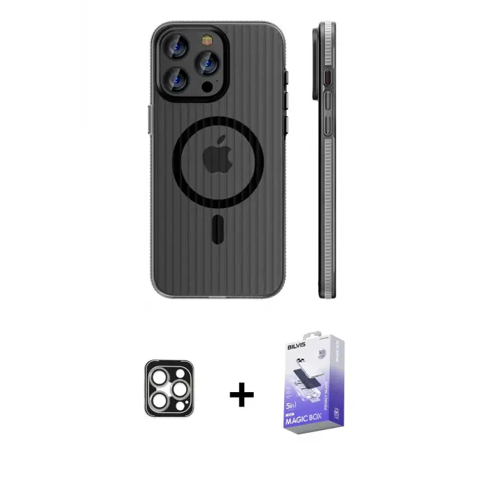 ieg™ iPhone 16 Pro Max Kılıf Pusula Minimal Koleksiyonu - Siyah Bilvis 5in1 5D Magic Hayalet Cam Ekran Koruyucu + PVD Metal Kamera Lens - GS