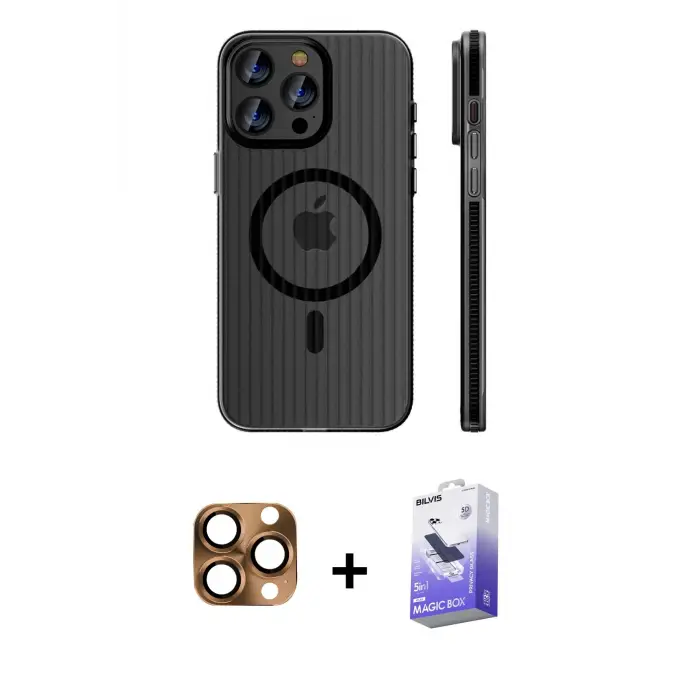 ieg™ iPhone 16 Pro Max Kılıf Pusula Minimal Koleksiyonu - Siyah Bilvis 5in1 5D Magic Hayalet Cam Ekran Koruyucu + Pers Alüminyum Kamera Lens - CLTM