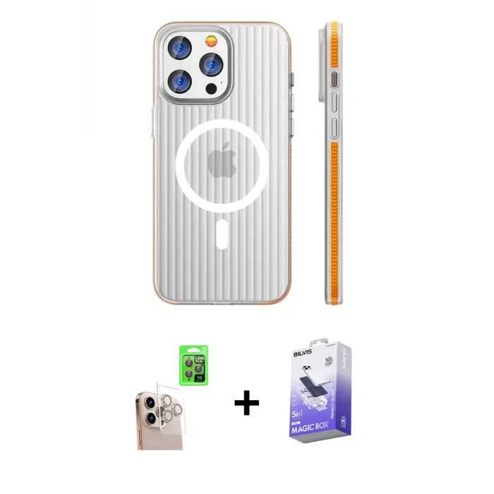 ieg™ iPhone 16 Pro Max Kılıf Pusula Minimal Koleksiyonu - Siyah Bilvis 5in1 5D Magic Hayalet Cam Ekran Koruyucu + Raze Metal Kamera Lens - NLGY