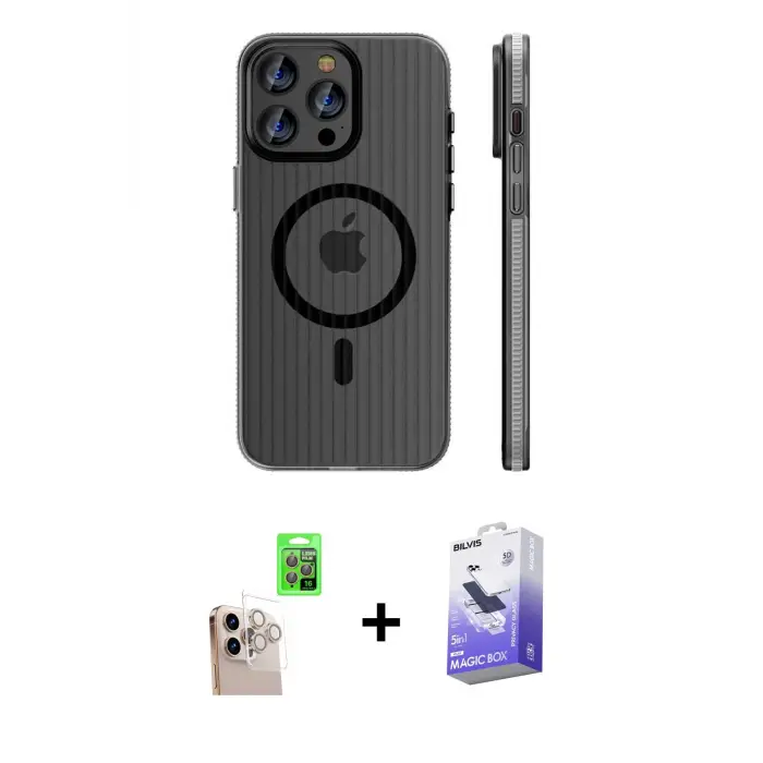 ieg™ iPhone 16 Pro Max Kılıf Pusula Minimal Koleksiyonu - Siyah Bilvis 5in1 5D Magic Hayalet Cam Ekran Koruyucu + Raze Metal Kamera Lens - NLGY