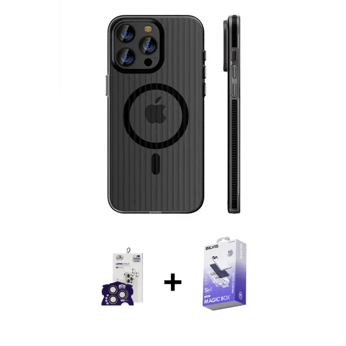 ieg™ iPhone 16 Pro Max Kılıf Pusula Minimal Koleksiyonu - Siyah Bilvis 5in1 5D Magic Hayalet Cam Ekran Koruyucu + Bilvis Titan Kamera Lens - TMGI
