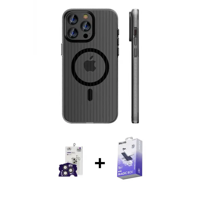 ieg™ iPhone 16 Pro Max Kılıf Pusula Minimal Koleksiyonu - Siyah Bilvis 5in1 5D Magic Hayalet Cam Ekran Koruyucu + Bilvis Titan Kamera Lens - TMGI