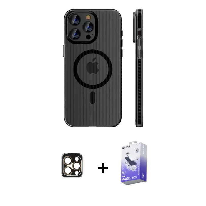 ieg™ iPhone 16 Pro Max Kılıf Pusula Minimal Koleksiyonu - Siyah Bilvis 5in1 5D Magic Hayalet Cam Ekran Koruyucu + PVD Metal Kamera Lens - GD