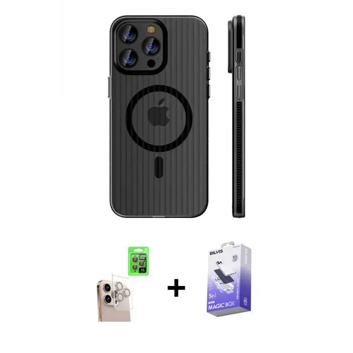 ieg™ iPhone 16 Pro Max Kılıf Pusula Minimal Koleksiyonu - Siyah Bilvis 5in1 5D Magic Hayalet Cam Ekran Koruyucu + Raze Metal Kamera Lens - NLGY