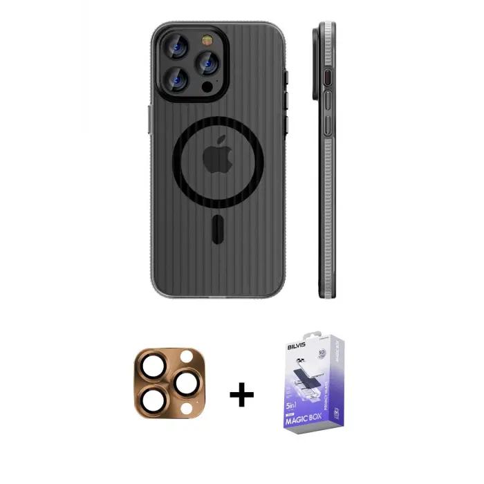 ieg™ iPhone 16 Pro Max Kılıf Pusula Minimal Koleksiyonu - Siyah Bilvis 5in1 5D Magic Hayalet Cam Ekran Koruyucu + Pers Alüminyum Kamera Lens - CLTM
