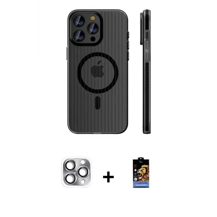 ieg™ iPhone 16 Pro Max Kılıf Pusula Minimal Koleksiyonu - Siyah Buffer Hayalet Cam Ekran Koruyucu + Pers Alüminyum Kamera Lens - GI