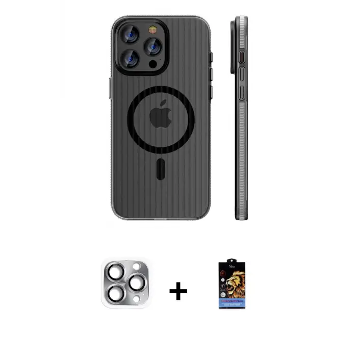ieg™ iPhone 16 Pro Max Kılıf Pusula Minimal Koleksiyonu - Siyah Buffer Hayalet Cam Ekran Koruyucu + Pers Alüminyum Kamera Lens - GI