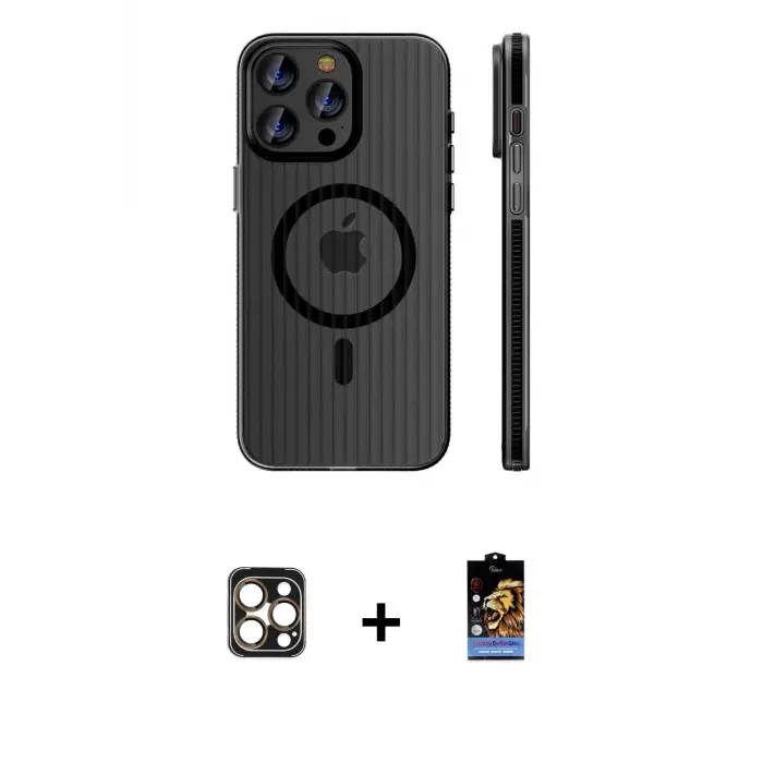 ieg™ iPhone 16 Pro Max Kılıf Pusula Minimal Koleksiyonu - Siyah Buffer Hayalet Cam Ekran Koruyucu + PVD Metal Kamera Lens - GD