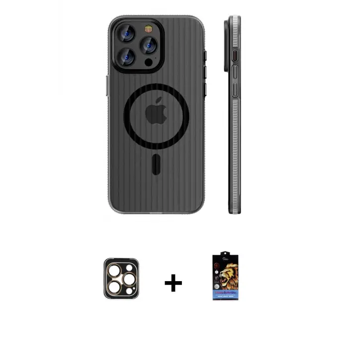 ieg™ iPhone 16 Pro Max Kılıf Pusula Minimal Koleksiyonu - Siyah Buffer Hayalet Cam Ekran Koruyucu + PVD Metal Kamera Lens - GD