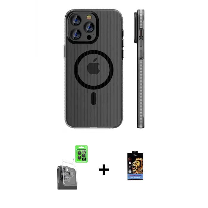 ieg™ iPhone 16 Pro Max Kılıf Pusula Minimal Koleksiyonu - Siyah Buffer Hayalet Cam Ekran Koruyucu + Raze Metal Kamera Lens - SH