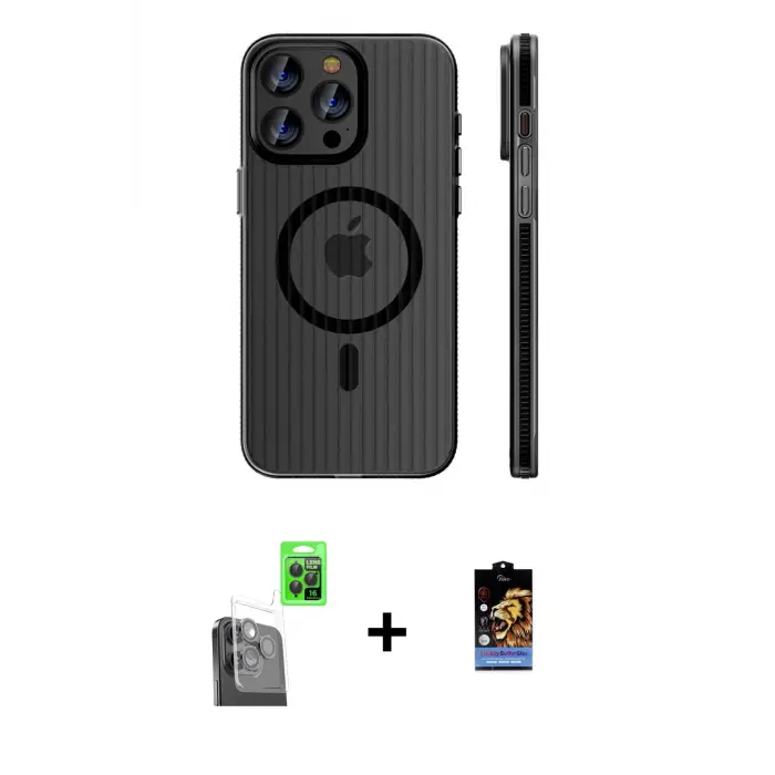 ieg™ iPhone 16 Pro Max Kılıf Pusula Minimal Koleksiyonu - Siyah Buffer Hayalet Cam Ekran Koruyucu + Raze Metal Kamera Lens - SH