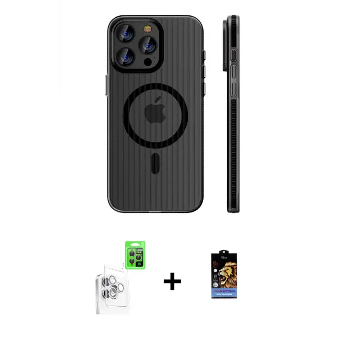 ieg™ iPhone 16 Pro Max Kılıf Pusula Minimal Koleksiyonu - Siyah Buffer Hayalet Cam Ekran Koruyucu + Raze Metal Kamera Lens - BZ