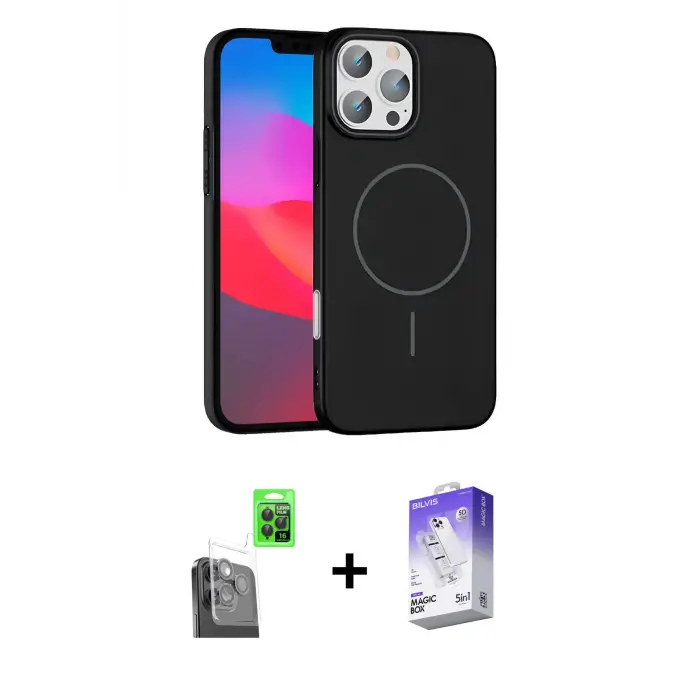 ieg™ iPhone 16 Pro Max Kılıf Siluet Doku Özel Seri - Siyah Bilvis 5in1 3D Magic Cam Ekran Koruyucu + Raze Metal Kamera Lens - SH