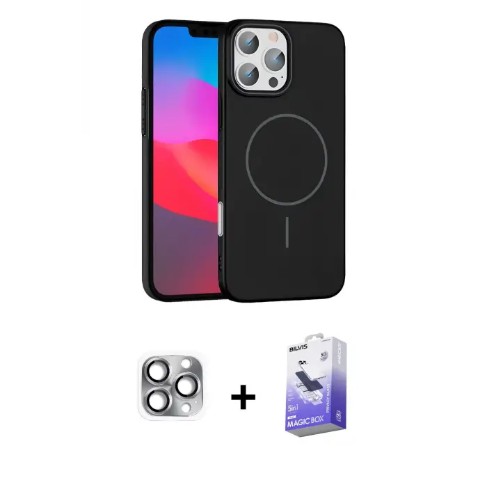 ieg™ iPhone 16 Pro Max Kılıf Siluet Doku Özel Seri - Siyah Bilvis 5in1 5D Magic Hayalet Cam Ekran Koruyucu + Pers Alüminyum Kamera Lens - GI