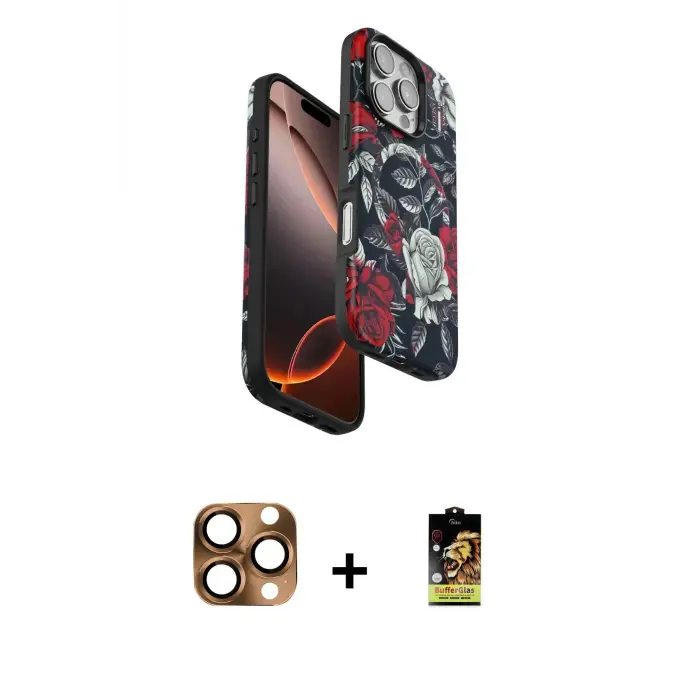 ieg™ iPhone 16 Pro Max Kılıf Siluet Doku - Siyah Buffer Cam Ekran Koruyucu + Pers Alüminyum Kamera Lens - CLTM