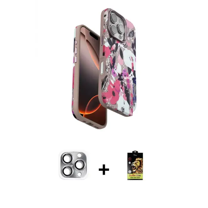 ieg™ iPhone 16 Pro Max Kılıf Siluet Doku - Siyah Buffer Cam Ekran Koruyucu + Pers Alüminyum Kamera Lens - GI